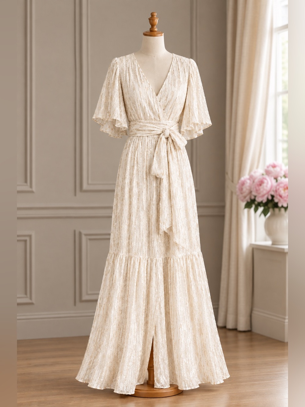 ba&sh Nixon Ivory Gold Metallic Wrap Maxi Dress with Tie Waist